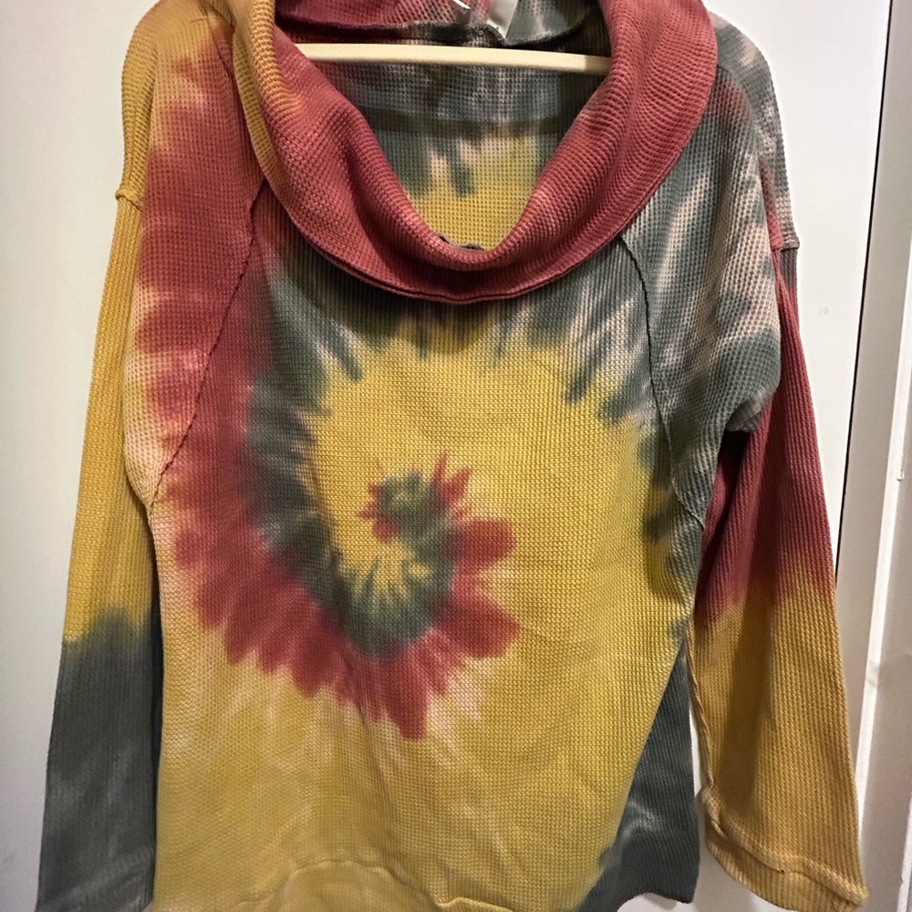 Cato Woman’s Waffle Knit Tye-Dye Cowl Neck Top - Yellow, Red, Green, Sz 18/20